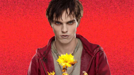 Nicholas Hoult as R from the movie Warm Bodies, stands against a vibrant red background, holding sunflowers, blending elements of romance and zombie culture.