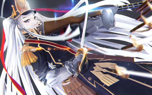 HD desktop wallpaper featuring the character Gunpuku no Himegimi from the anime Re:Creators. The character is depicted in a dynamic pose dressed in a detailed military uniform with flowing white hair.