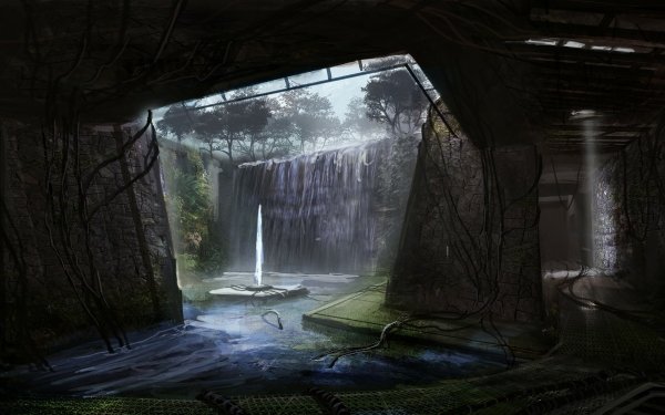 Sci Fi Building Futuristic Waterfall HD Wallpaper | Background Image