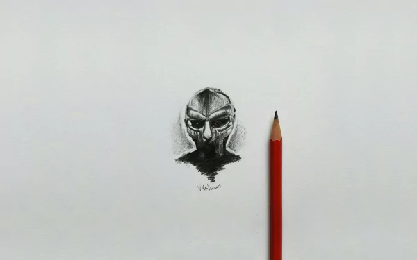 A minimalist artistic sketch featuring a masked figure alongside a red pencil, creating a striking contrast. This HD image serves as a unique PC desktop wallpaper.