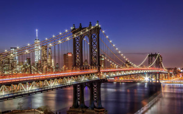HD PC wallpaper: Manhattan Bridge crossing the East River at night, glowing lights and the New York City skyline, USA.