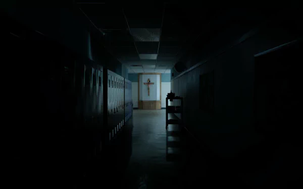 A dark, eerie hallway from the video game Outlast 2, featuring a cross illuminated at the far end. This HD desktop wallpaper and background evokes a haunting atmosphere.