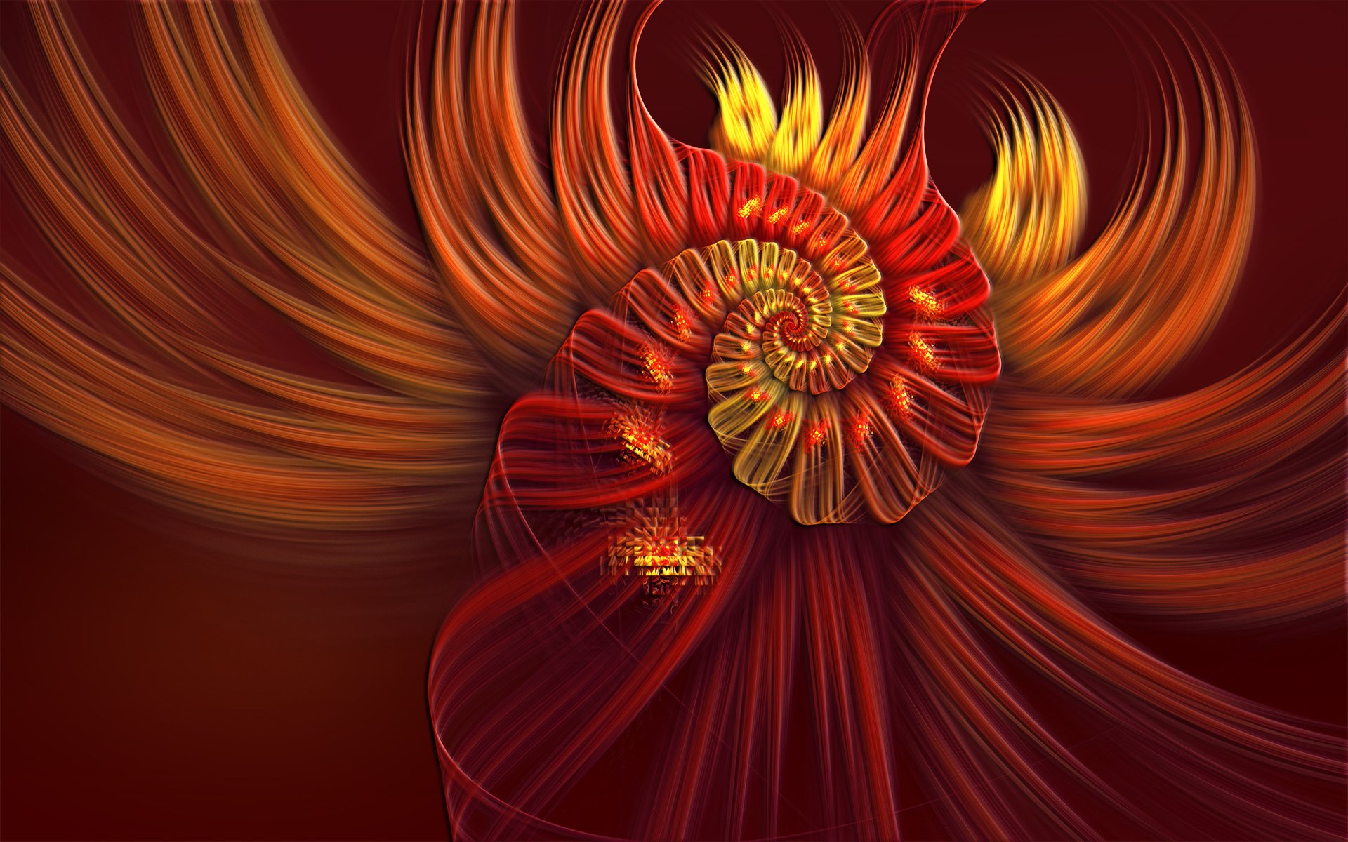 HD PC desktop wallpaper: abstract red and yellow fractal swirl forming a glowing spiral with flowing, featherlike trails on a dark background.