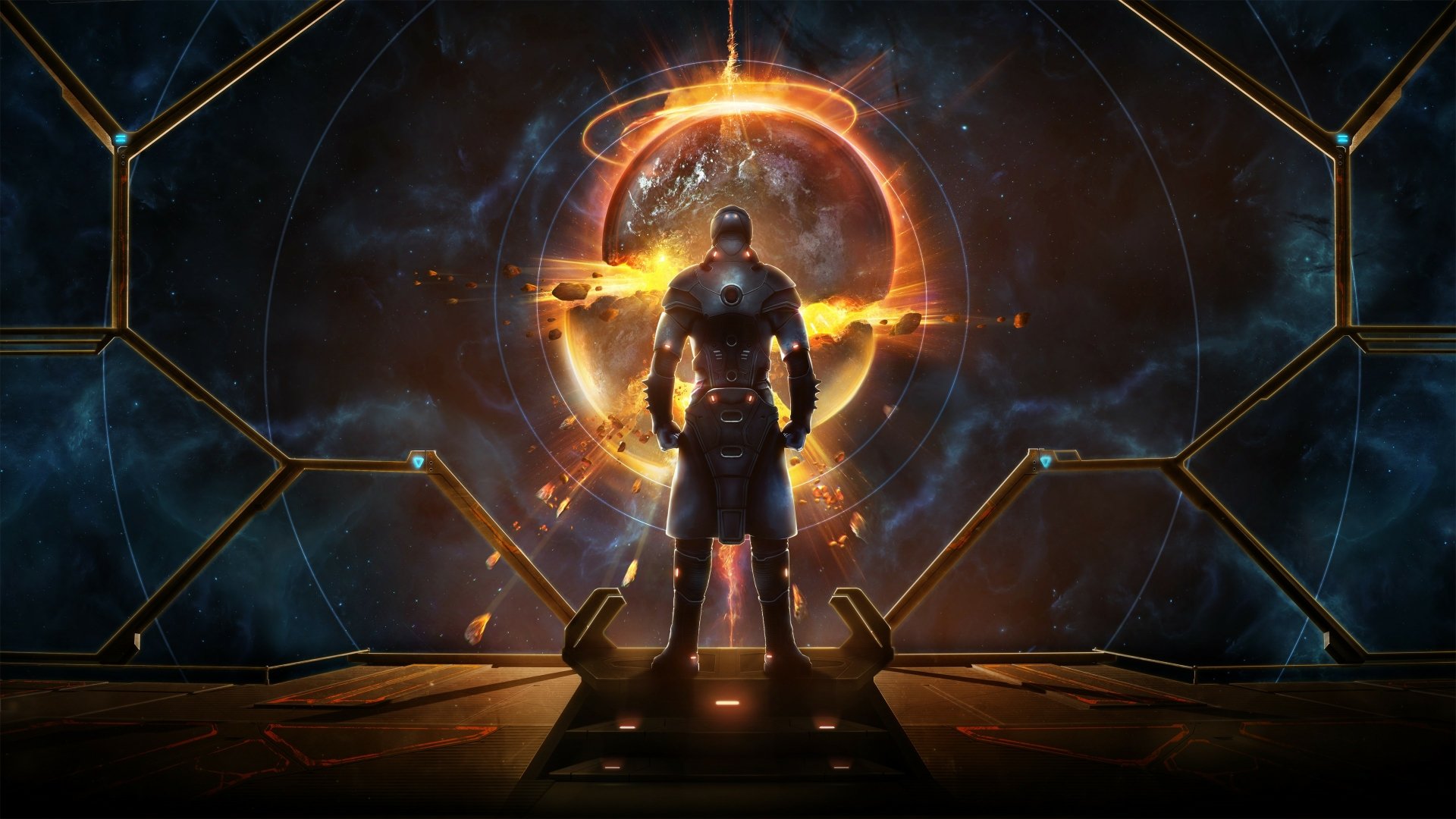 4K Ultra HD PC desktop wallpaper: an armored figure on a ship bridge faces a fiery ringed planet through a hex-framed viewport — Starpoint Gemini Warlords futuristic space video game scene