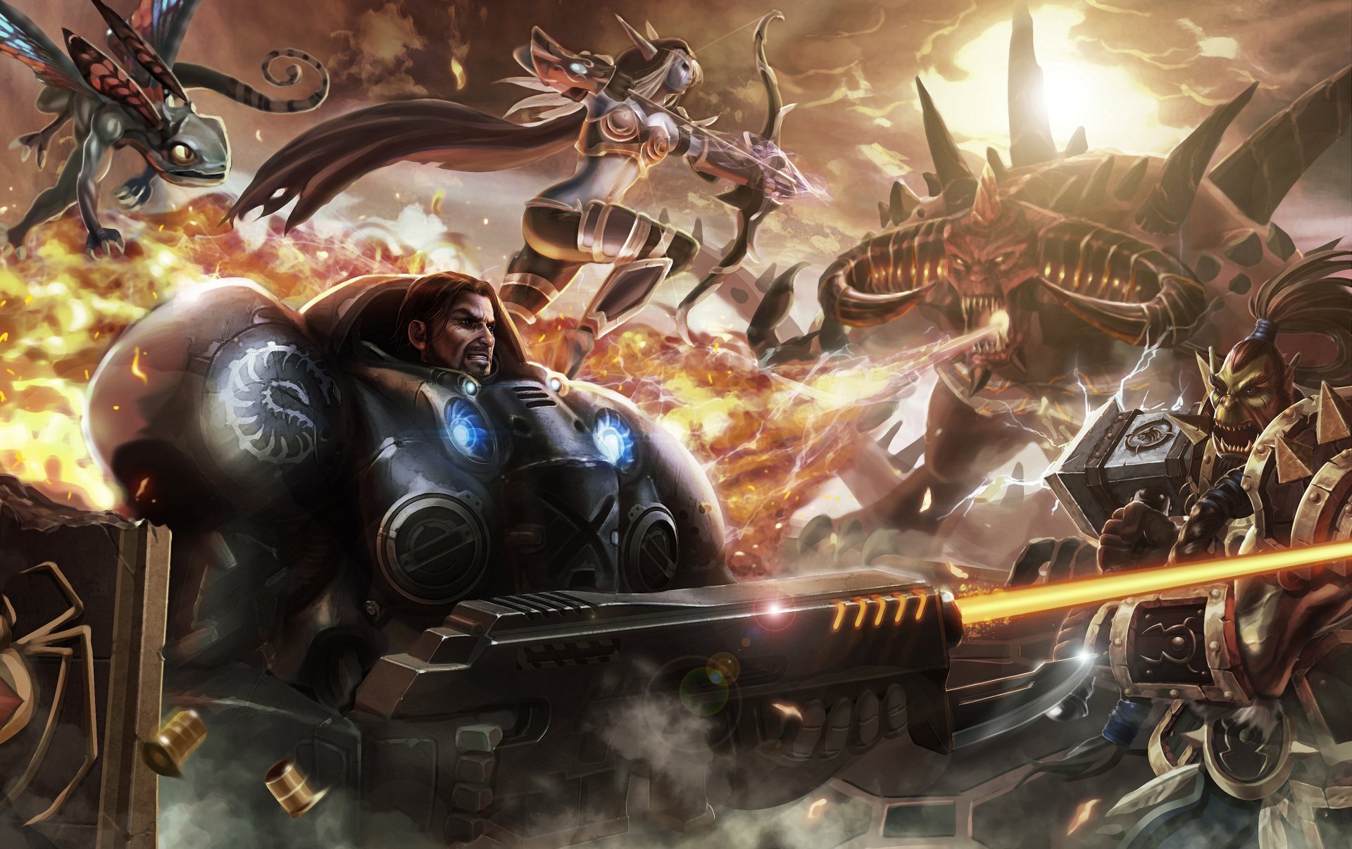 HD desktop wallpaper featuring iconic Heroes of the Storm characters Sylvanas Windrunner, Thrall, Jim Raynor, and Diablo in an intense battle scene.