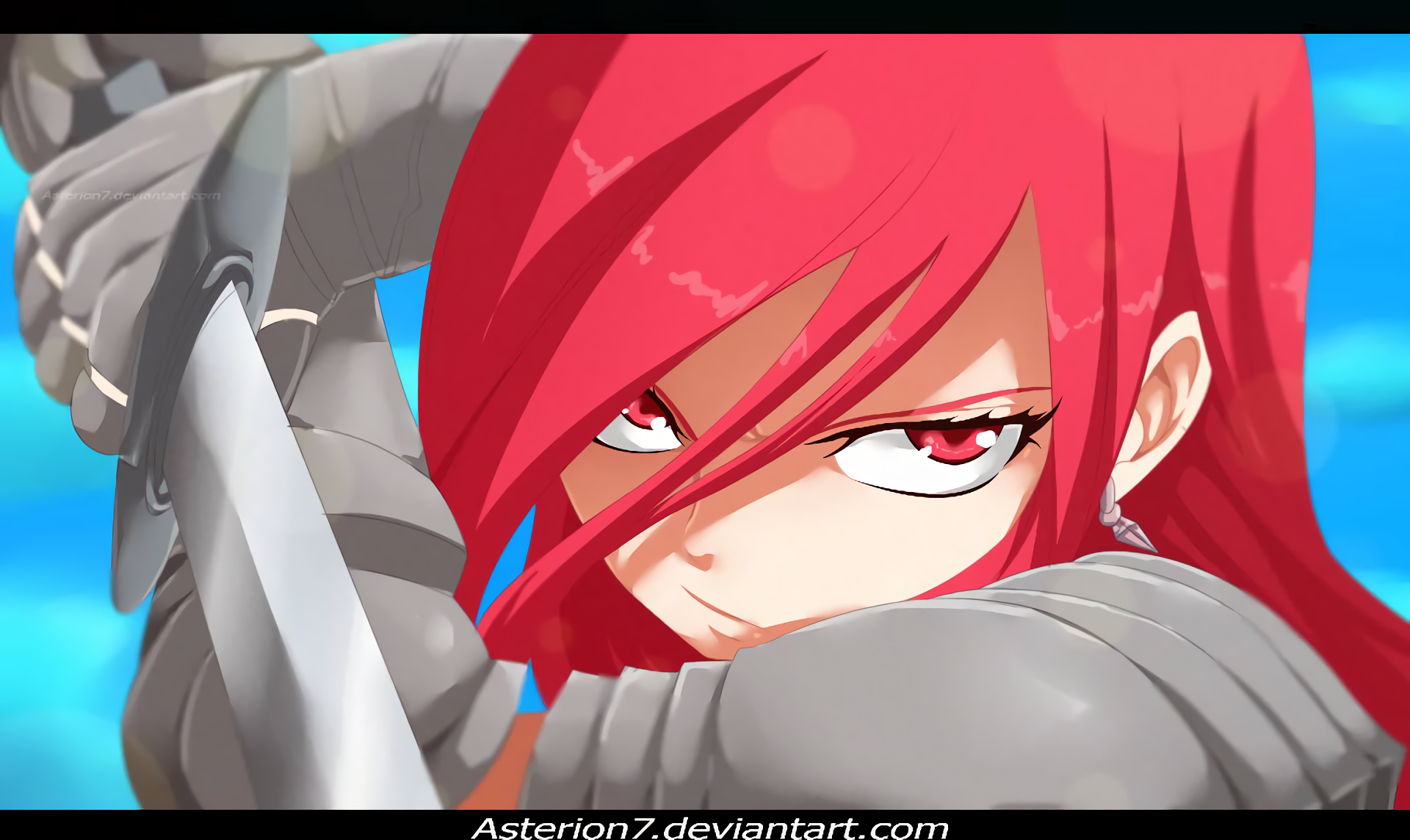 HD anime desktop wallpaper featuring Erza Scarlet from Fairy Tail, showcasing her intense gaze and armored arm in vibrant detail.