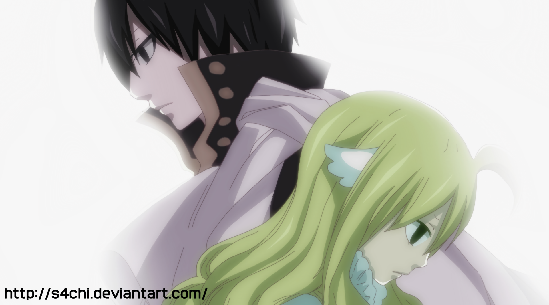 HD desktop wallpaper featuring Mavis Vermilion and Zeref Dragneel from Fairy Tail. The image portrays the two characters with a serene, soft-focus background.