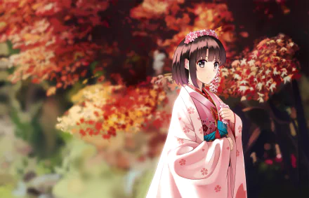 A HD desktop wallpaper featuring Megumi Katō from the anime Saekano: How to Raise a Boring Girlfriend, standing in a lush setting adorned with vibrant autumn leaves.