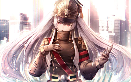 HD wallpaper featuring Gunpuku no Himegimi from the anime Re:Creators. The character, dressed in military attire, stands against a backdrop of city skyscrapers.