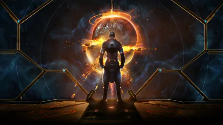 4K Ultra HD PC desktop wallpaper: an armored figure on a ship bridge faces a fiery ringed planet through a hex-framed viewport — Starpoint Gemini Warlords futuristic space video game scene