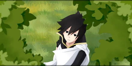 HD PC wallpaper featuring Zeref Dragneel from the anime Fairy Tail, depicted in a peaceful outdoor setting framed by green foliage.