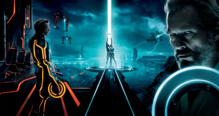 8K Ultra HD PC desktop wallpaper featuring a dramatic scene from the movie TRON: Legacy with neon-lit characters and a futuristic digital landscape.