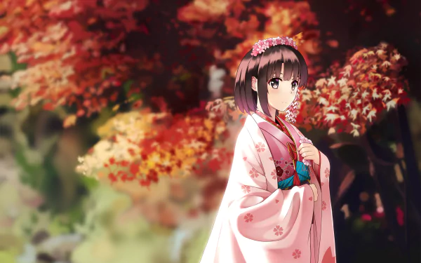A HD desktop wallpaper featuring Megumi Katō from the anime Saekano: How to Raise a Boring Girlfriend, standing in a lush setting adorned with vibrant autumn leaves.