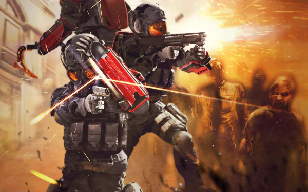 4K Ultra HD PC wallpaper: Umbrella Corps warrior in tactical gear firing weapons at a horde of zombies amid a fiery, gritty video game battlefield background.