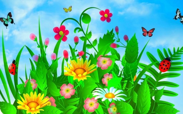 Artistic Spring Flower Colorful Leaf Plant Butterfly HD Wallpaper | Background Image