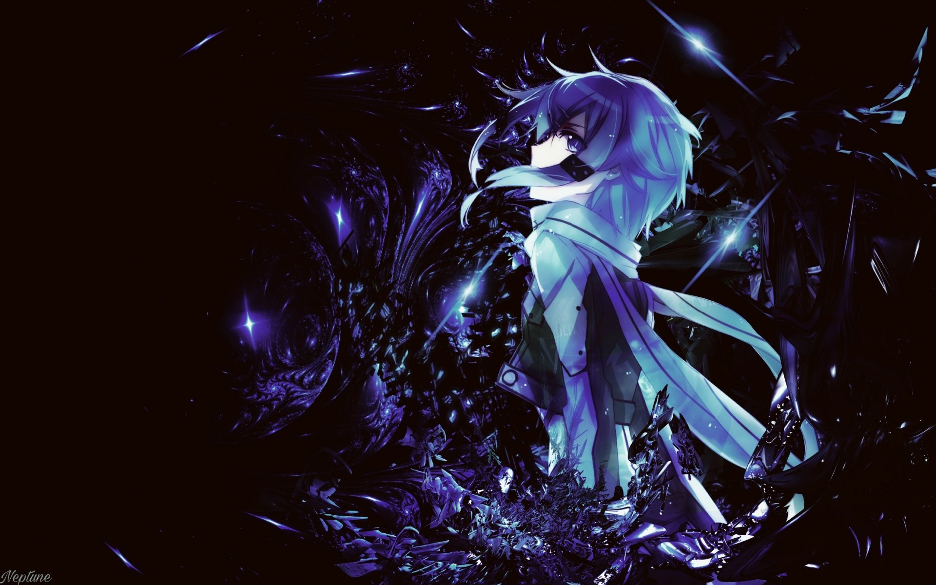 HD desktop wallpaper featuring Sinon (Shino Asada) from Sword Art Online II, portrayed in anime-style artwork with a dark, abstract background and vivid blue accents.
