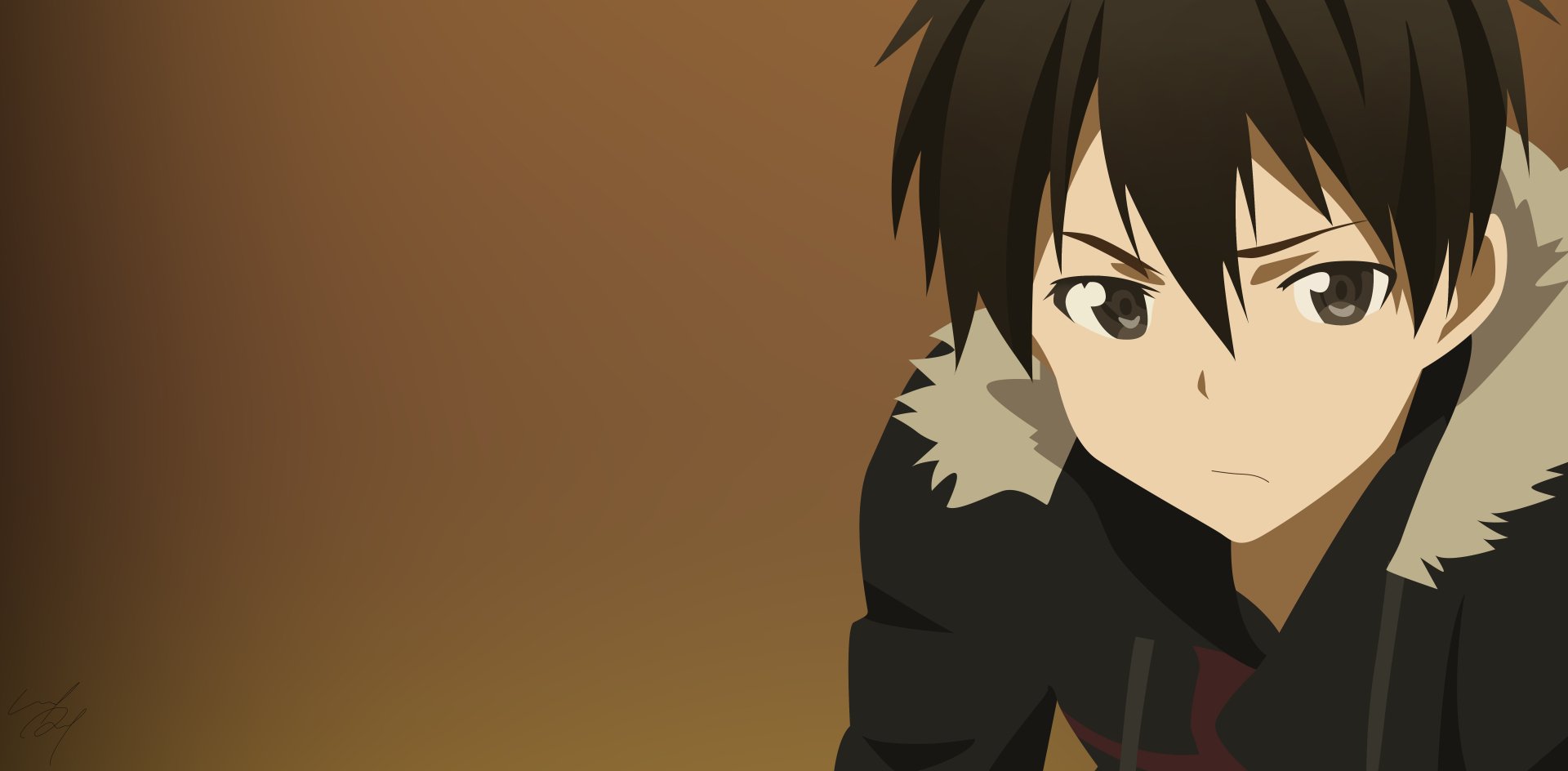 Kazuto Kirigaya, also known as Kirito from Sword Art Online, depicted in a 4K Ultra HD anime desktop wallpaper with a neutral brown background.