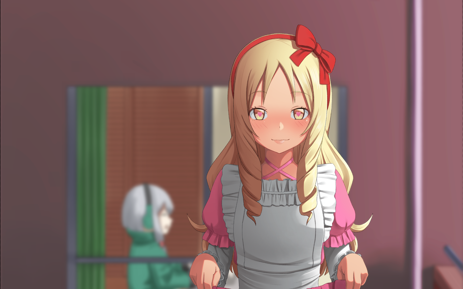 HD PC desktop wallpaper featuring Elf Yamada from the anime EroManga-Sensei, depicted with blonde hair, a red bow, and a shy expression in a softly lit room.