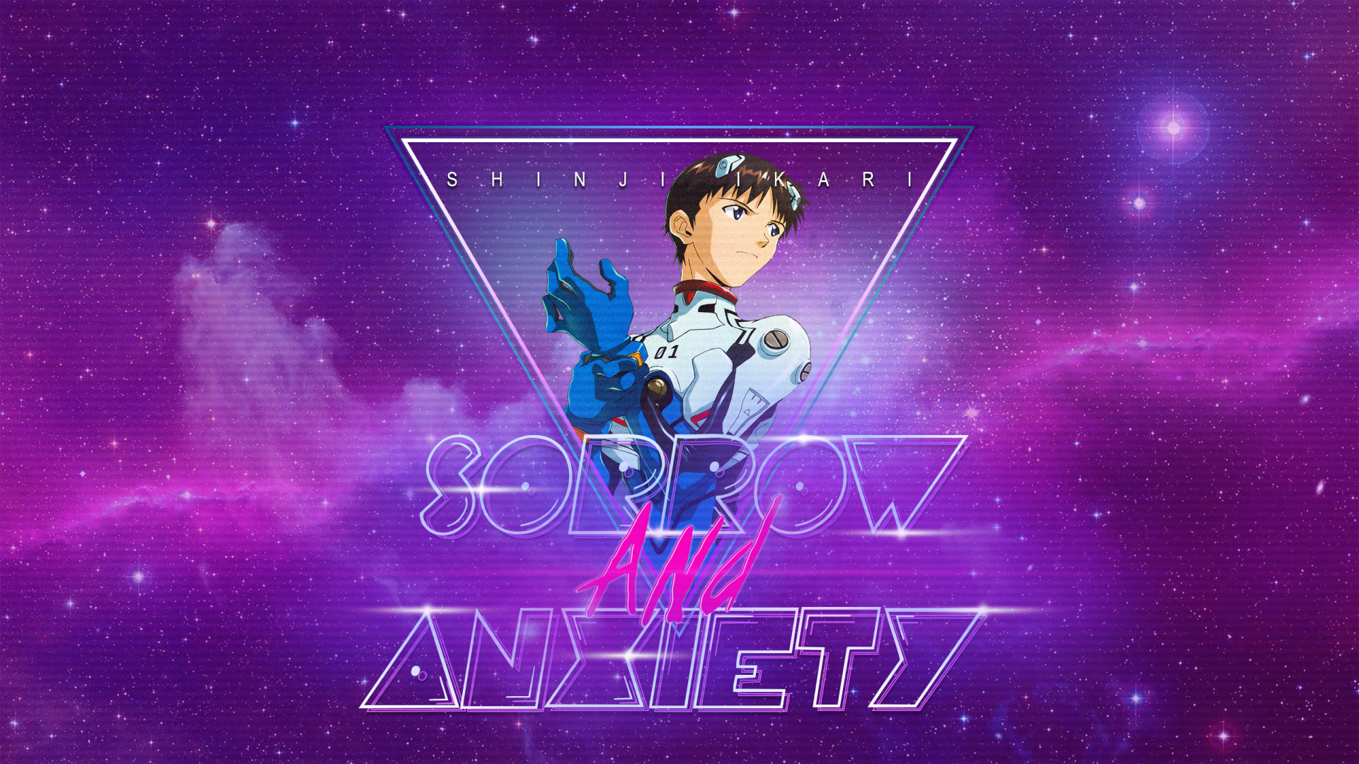 HD PC wallpaper featuring Shinji Ikari from Neon Genesis Evangelion, set against a vibrant purple galaxy background with the text Sorrow and Anxiety in neon style.