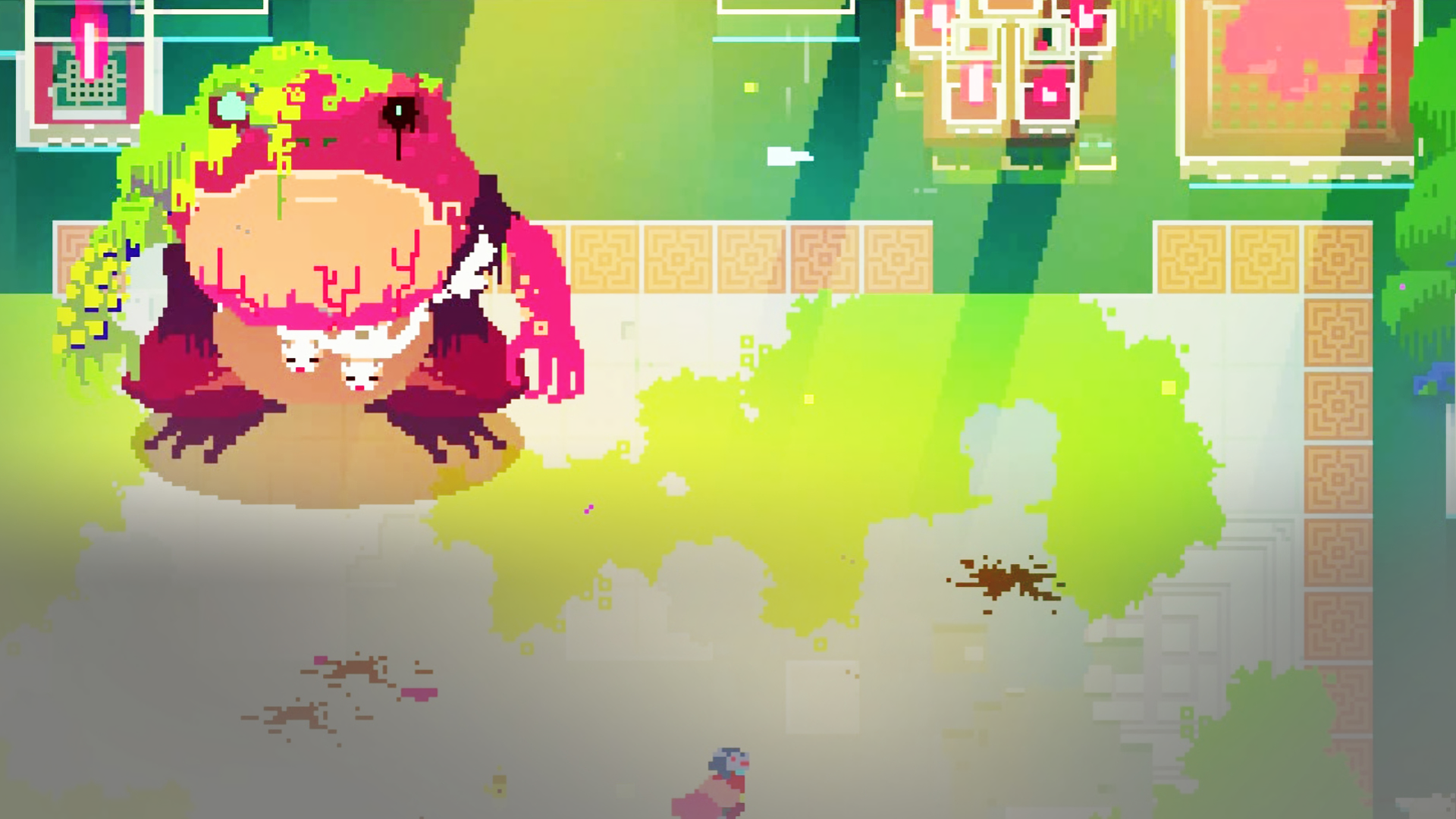 HD desktop wallpaper featuring a scene from Hyper Light Drifter with a character facing a large creature.