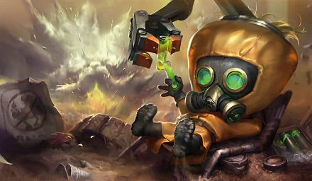 Heimerdinger, from League of Legends, wears a gas mask and an orange suit, sitting amidst a toxic environment, with a glowing substance in hand, set against a dramatic background.