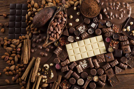 HD desktop wallpaper of a still life featuring an assortment of chocolates, nuts, cinnamon sticks, and cocoa beans on a wooden surface. The image showcases various types of chocolates and sweets.