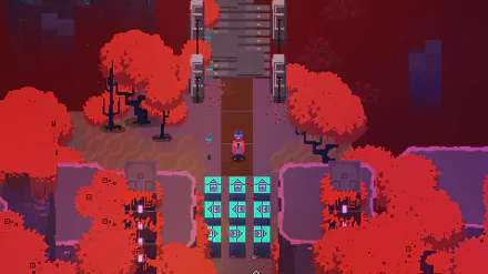 HD desktop wallpaper of Hyper Light Drifter game scene featuring the Drifter standing on a path with autumnal trees and mysterious runes.