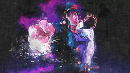 HD desktop wallpaper featuring Jotaro Kujo from JoJo's Bizarre Adventure: Stardust Crusaders in a dynamic anime-style pose with vibrant purple and dark tones.