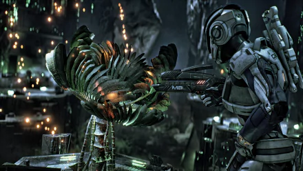 A futuristic Mass Effect: Andromeda scene showing a space-suited character aiming a weapon at a glowing, alien plant in a dark, high-tech environment.