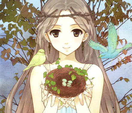 Anime artwork featuring a girl with long hair and earrings, holding a bird nest. Two birds perch nearby amidst leafy branches. HD desktop wallpaper and background.