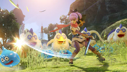HD Dragon Quest Heroes II desktop wallpaper featuring a character wielding a sword with whimsical monsters in a vibrant setting.