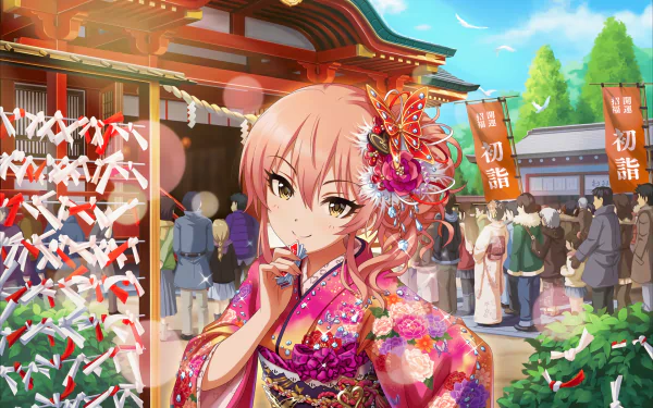 HD PC desktop wallpaper of Mika Jougasaki from THE iDOLM@STER: Cinderella Girls Starlight Stage, depicted in vibrant anime style wearing a traditional kimono at a festive shrine.