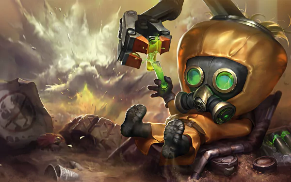 Heimerdinger, from League of Legends, wears a gas mask and an orange suit, sitting amidst a toxic environment, with a glowing substance in hand, set against a dramatic background.
