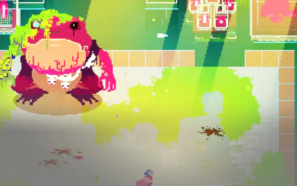 HD desktop wallpaper featuring a scene from Hyper Light Drifter with a character facing a large creature.