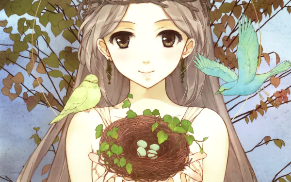 Anime artwork featuring a girl with long hair and earrings, holding a bird nest. Two birds perch nearby amidst leafy branches. HD desktop wallpaper and background.