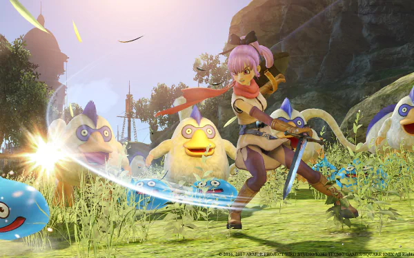 HD Dragon Quest Heroes II desktop wallpaper featuring a character wielding a sword with whimsical monsters in a vibrant setting.