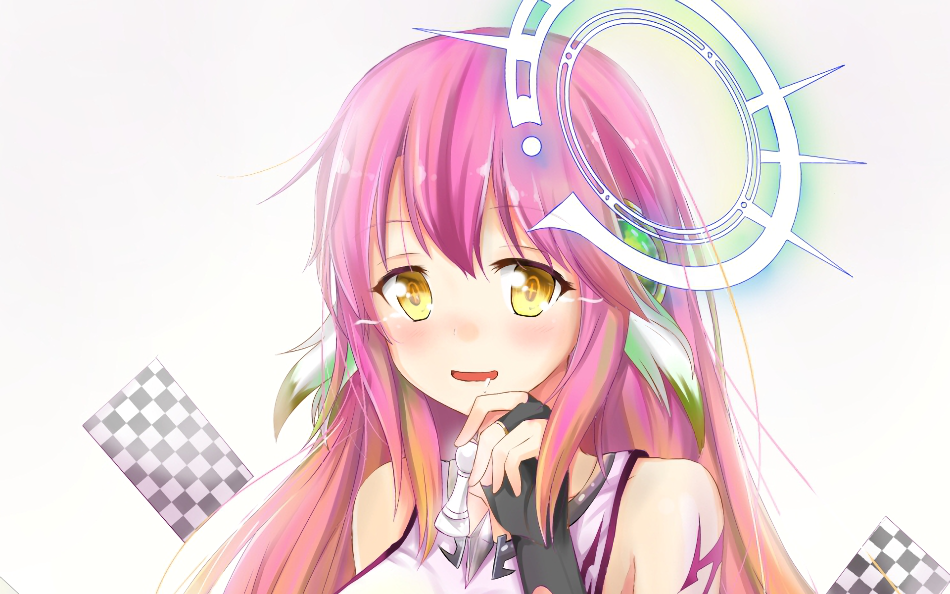 HD anime wallpaper featuring Jibril from No Game No Life with vibrant pink hair and golden eyes in a light, futuristic-themed background.