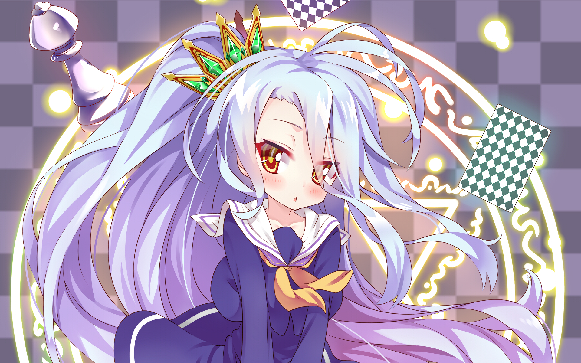 HD PC desktop wallpaper featuring Shiro from the anime No Game No Life, showcasing her with long lavender hair, a crown, and magical glowing symbols in the background.
