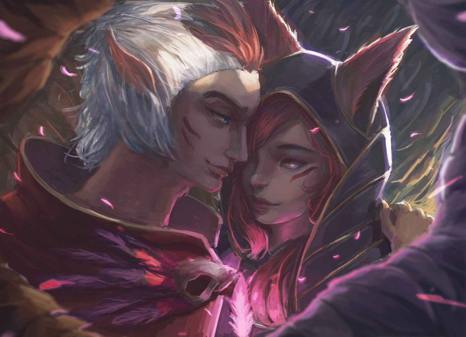 HD desktop wallpaper featuring League of Legends characters Xayah and Rakan in a close, tender moment, surrounded by soft lighting and falling petals.