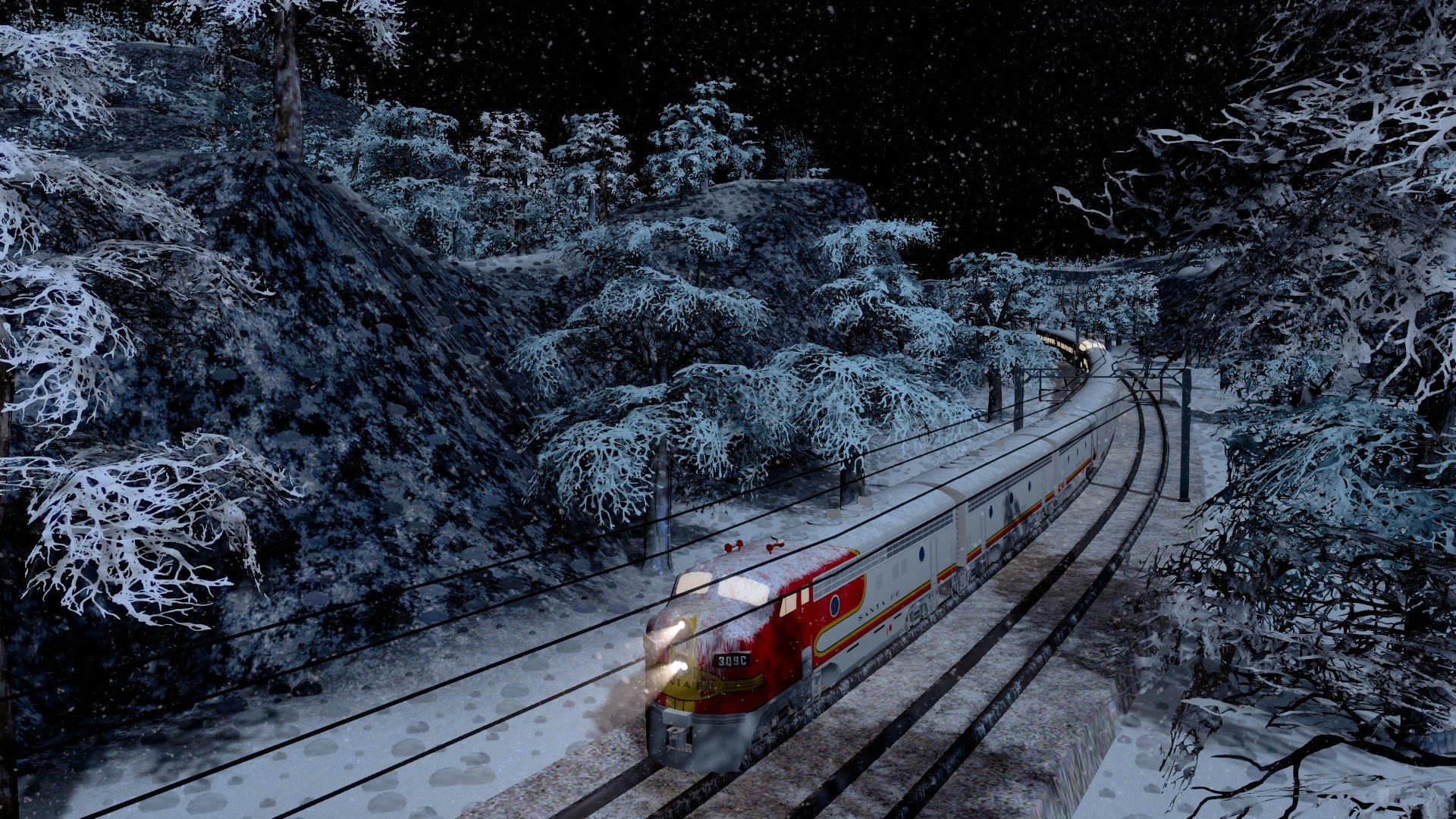 HD PC desktop wallpaper of a red passenger train winding through a snowy forest at night — Cities: Skylines video game scene.