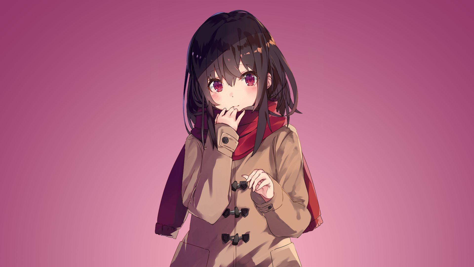 HD desktop wallpaper featuring an original anime character with dark hair, wearing a beige coat and red scarf, against a pink gradient background.