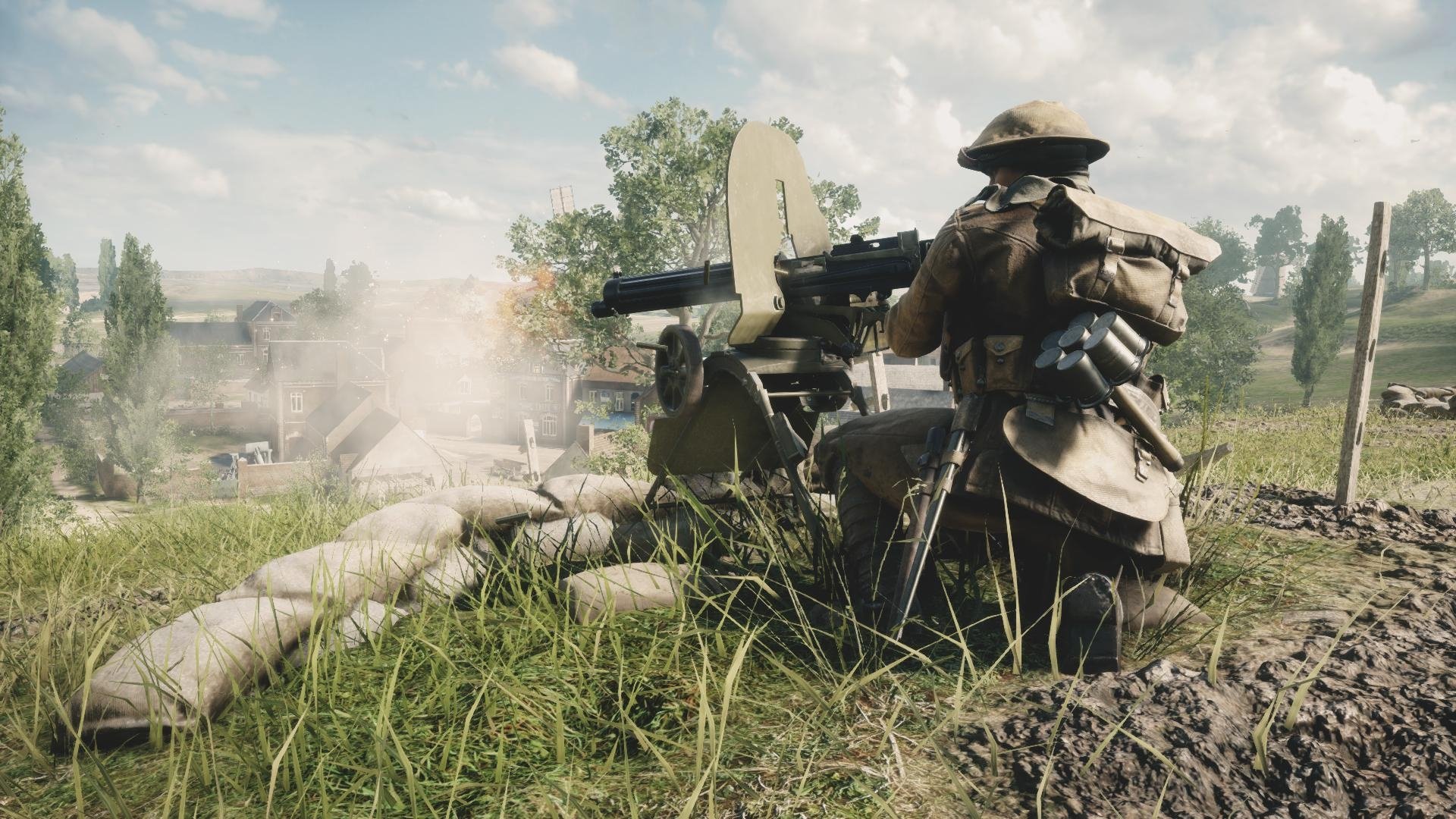 HD Battlefield 1 desktop wallpaper depicting a World War I soldier operating a machine gun in a military battlefield setting.