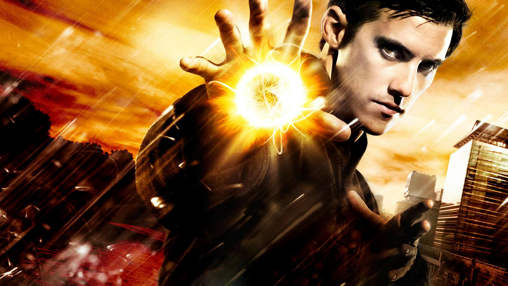 HD PC desktop wallpaper featuring a character from the TV show Heroes, showcasing a glowing energy power in a dynamic action pose.