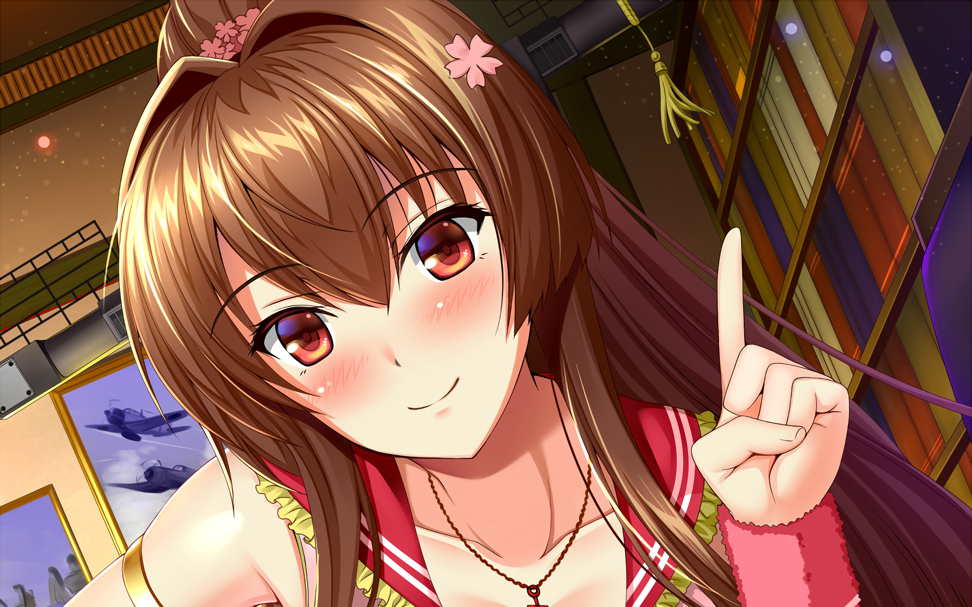 Yamato (Kancolle) from Kantai Collection — anime girl with long brown hair and flower hairpins, smiling and pointing upward; HD PC desktop wallpaper/background.