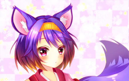 HD anime desktop wallpaper featuring Izuna Hatsuse from No Game No Life with purple hair, fox ears, and a fluffy tail against a soft pastel background.