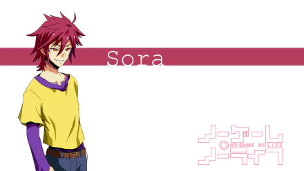 HD PC desktop wallpaper featuring Sora from the anime No Game No Life, showcasing his confident pose with distinct red hair and casual outfit on a minimalist white background.