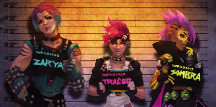 HD desktop wallpaper featuring Overwatch characters Zarya, Tracer, and Sombra posing against a striped background, with their names displayed on placards.