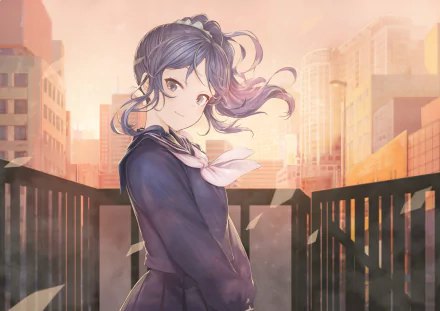 Aoi Kiriya from Aikatsu! stands in an urban setting at sunset, with her hair flowing gently, creating an enchanting atmosphere in this HD desktop wallpaper.