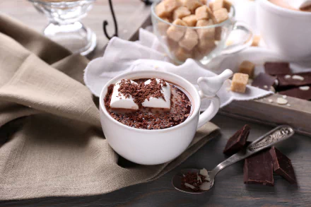 A 4K Ultra HD still life of a cup of hot chocolate topped with marshmallows and chocolate shavings, surrounded by sugar cubes, chocolate pieces, and a cloth.