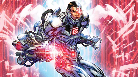 HD PC desktop wallpaper of DC Comics' Cyborg (DC Comics) — comic-style cyborg hero firing red energy blasts from armored cybernetics amid neon circuitry and glowing futuristic backdrop.